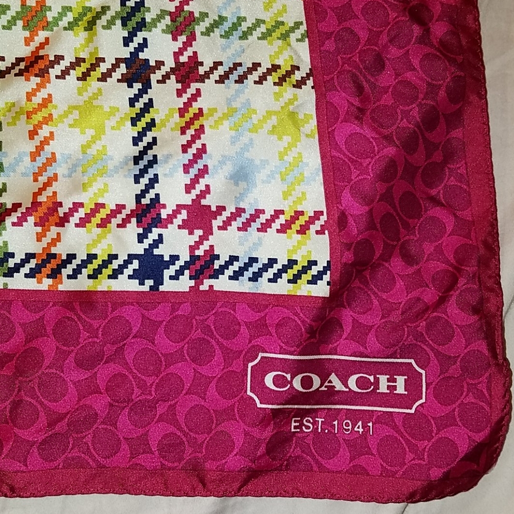 Coach NWOT SILK Square Scarf with Houndstooth Plaid Striped Print - Picture 2 of 4